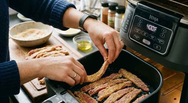 Loading finger steaks into an air fryer basket at 400 degrees